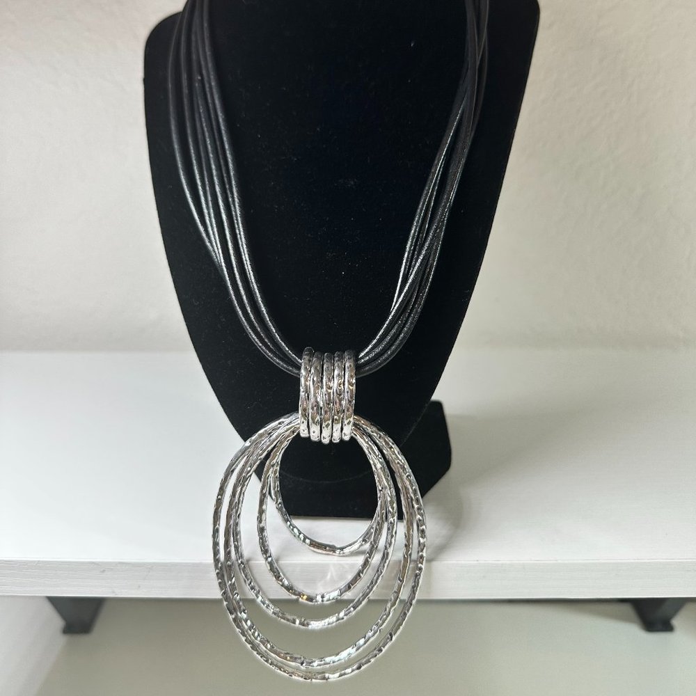 Big Chunky Silver Pendant on multi-Strand Chain of Leather-like material EUC